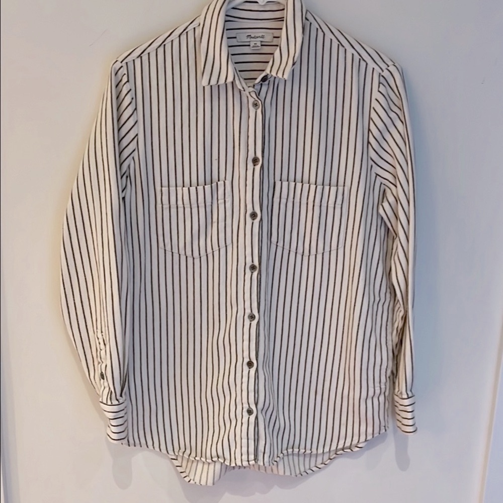 Madewell White and Olive Green Striped Button-Up Shirt